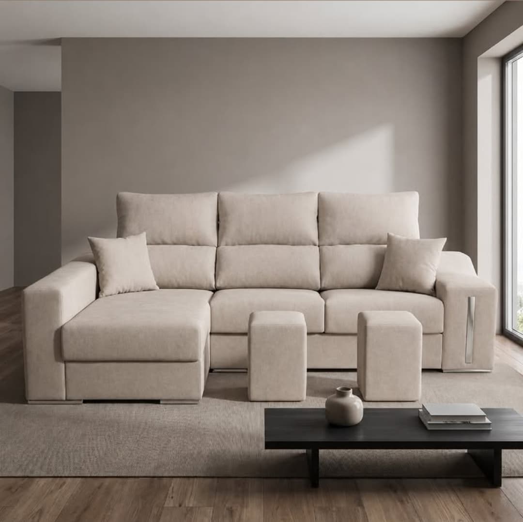 Beige family sofa in a warm living room